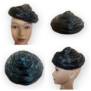 Artsy 1960’s Black Straw Hat, Black Cocktail Party Hat, Pillbox Hat